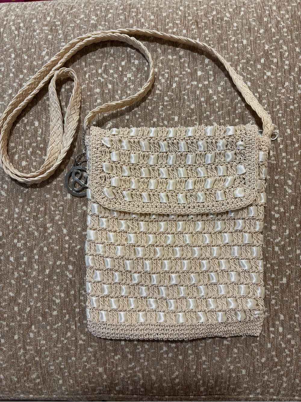 Frankie & Johnnie Neutral Woven Crossbody Bag with Satin Ribbon Detail